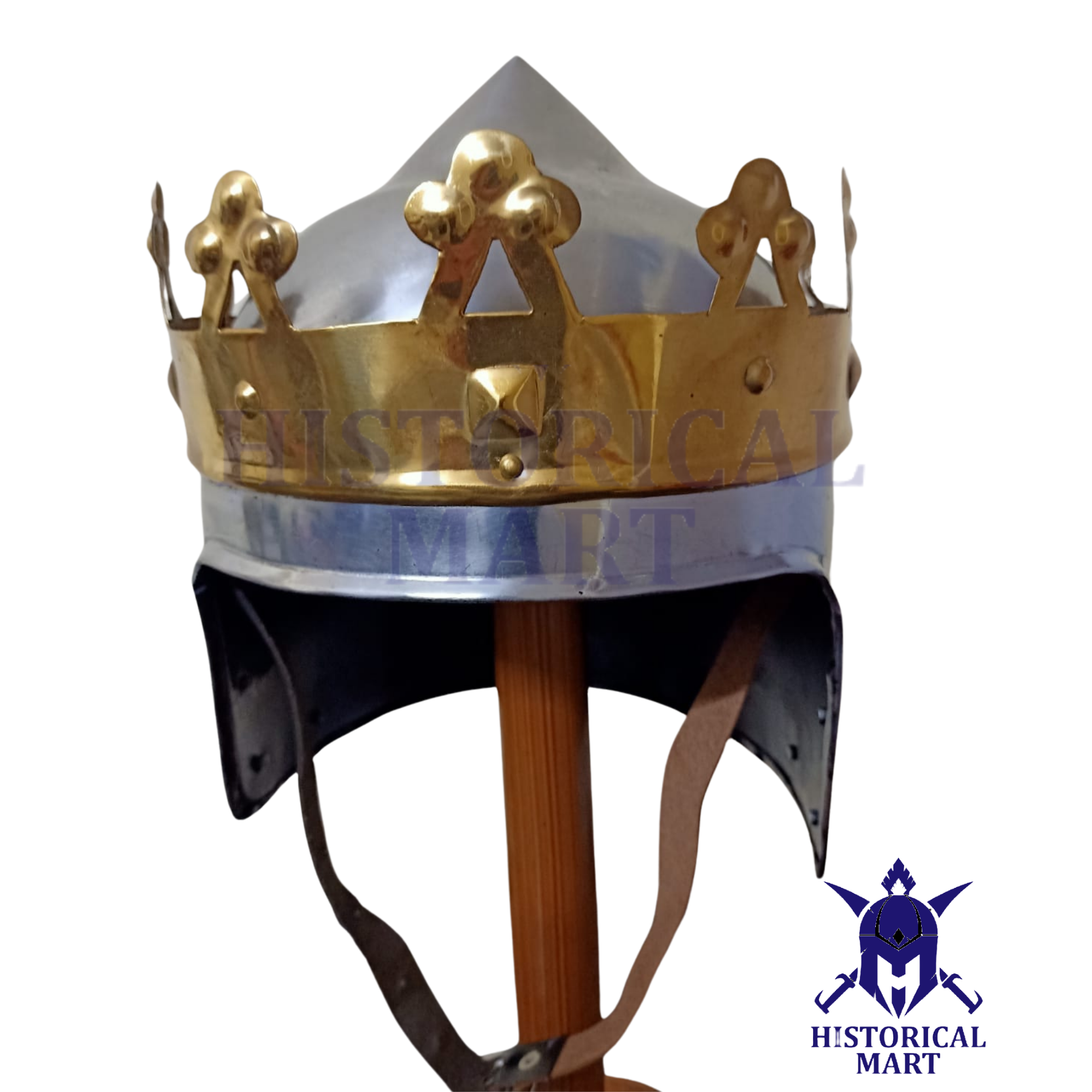 King Richard Crown Helmet, a detailed replica of the Medieval Monarch Knight King Richard Lionheart. This authentic helmet features a regal design, perfect for reenactments, LARP events, and collectors