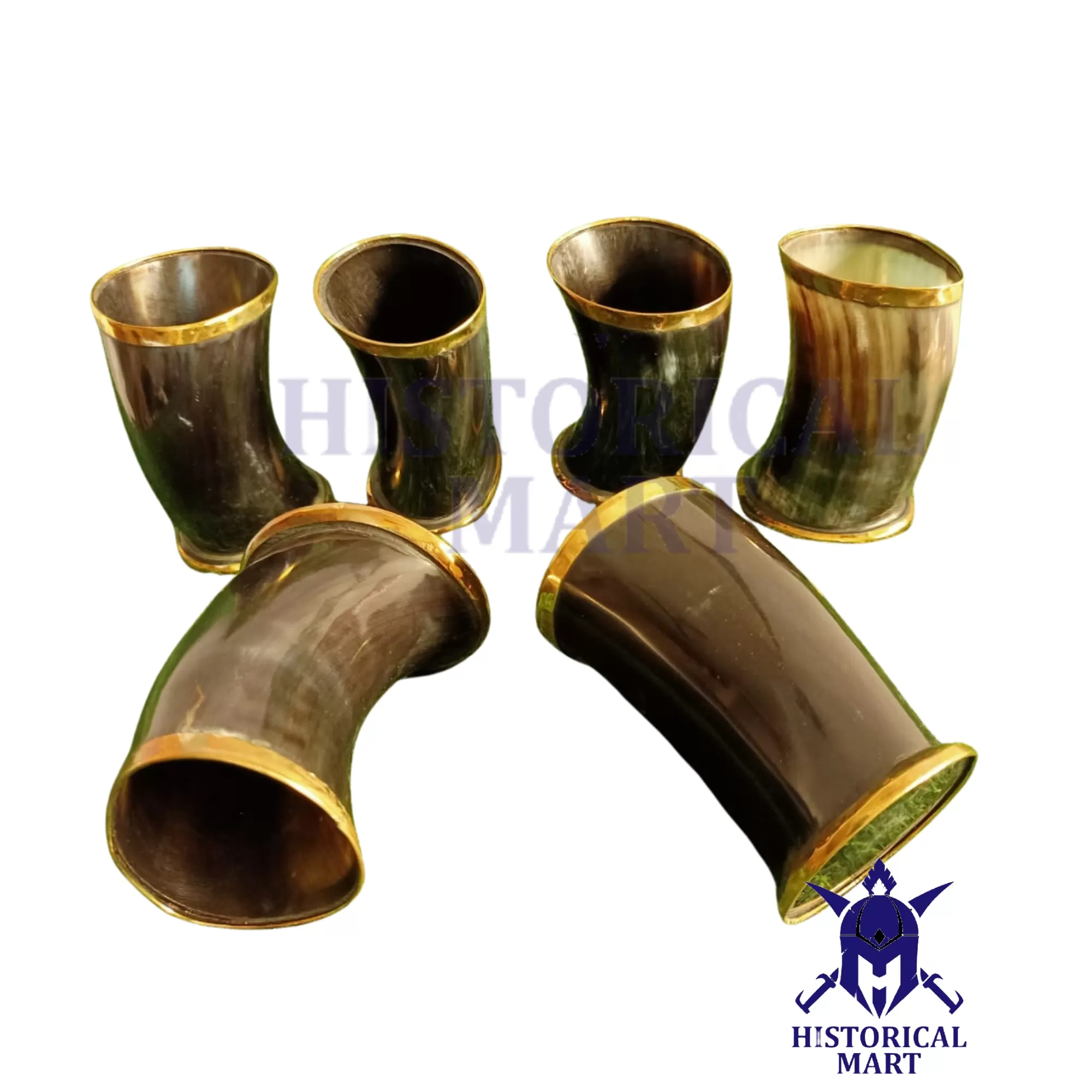 "4-Inch Brass Lined Viking Drinking Shot Glasses - Genuine Handmade Horn Mugs - Original Natural Horn Glass for Beer and Ale - Medieval Shot Glass Set (Pack of 12) - Perfect for Halloween