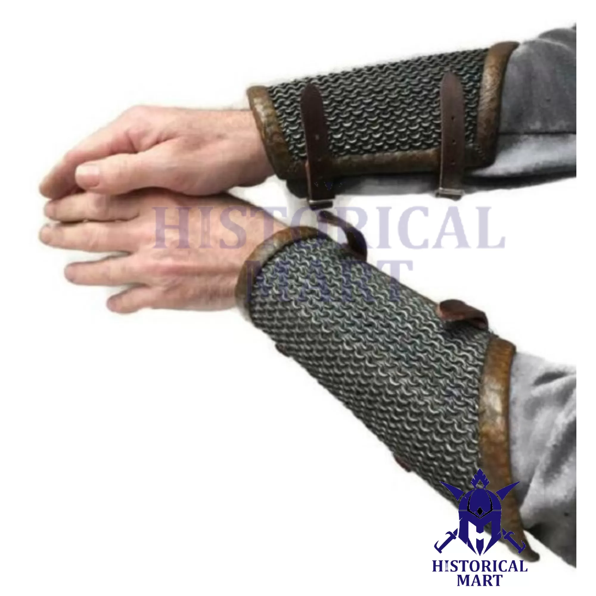 Handmade Medieval Leather Arm Bracers with Chainmail Wrist Guards – Mild Steel Butted Armor for SCA, LARP, Viking Cosplay, and Halloween Events