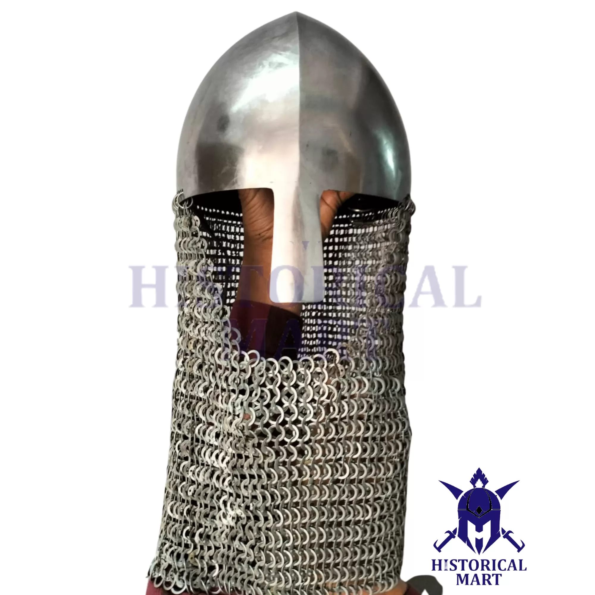 Medieval Nasal Helmet | Battle Warrior Costume | 18 Gauge Steel LARP Viking Helmet with Chainmail